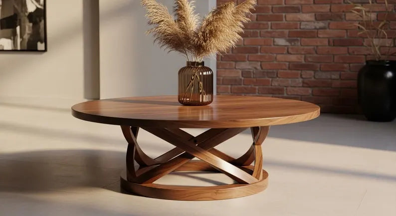 Round Solid Wood Coffee Table – Sculptural Crossed Base, Modern Rustic Statement Furniture