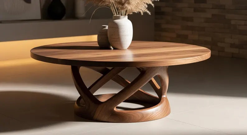 Round Solid Wood Coffee Table – Sculptural Crossed Base, Modern Rustic Statement Furniture