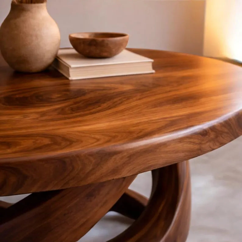 Solid Walnut Round Coffee Table – Sculptural Twist Base, Modern Rustic Furniture
