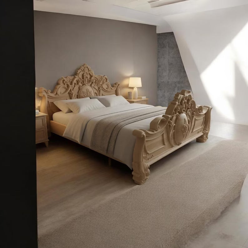 Hand-Carved Solid Wood Bed Frame | Ornate Vintage Rustic Bedroom Furniture King/Queen