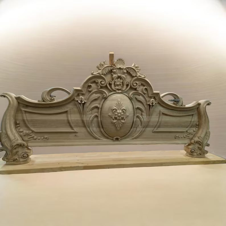 Hand-Carved Solid Wood Bed Frame | Ornate Vintage Rustic Bedroom Furniture King/Queen