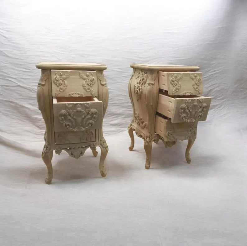 Hand-Carved Solid Wood Nightstands Set of 2 | French Style Rustic Cabinets