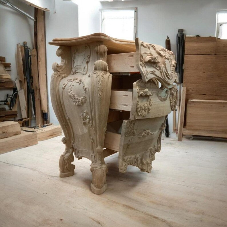 Hand-Carved Solid Wood Nightstand | Vintage French Style Bedside Table, Rustic Cabinet