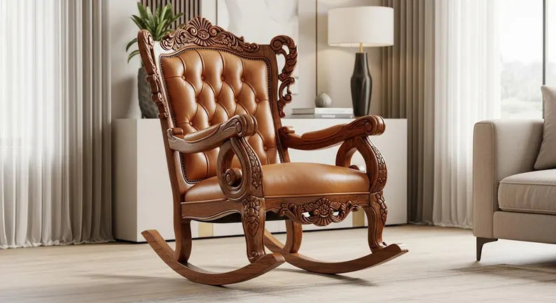 Hand Carved Oak Rocking Chair with Leather Cushion, Vintage Nursery Furniture
