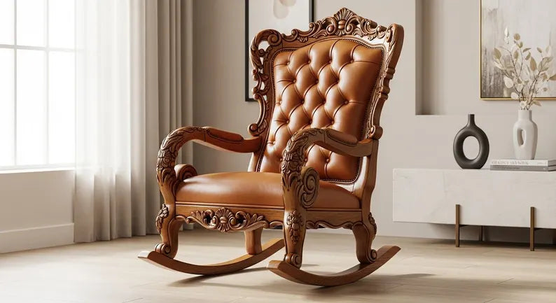 Hand Carved Oak Rocking Chair with Leather Cushion, Vintage Nursery Furniture