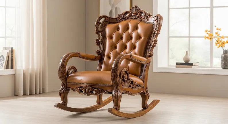 Hand Carved Oak Rocking Chair with Leather Cushion, Vintage Nursery Furniture