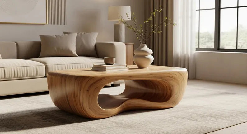 Organic Sculptural Wood Coffee Table – Wabi Sabi Solid Center Table, Japandi Natural Furniture