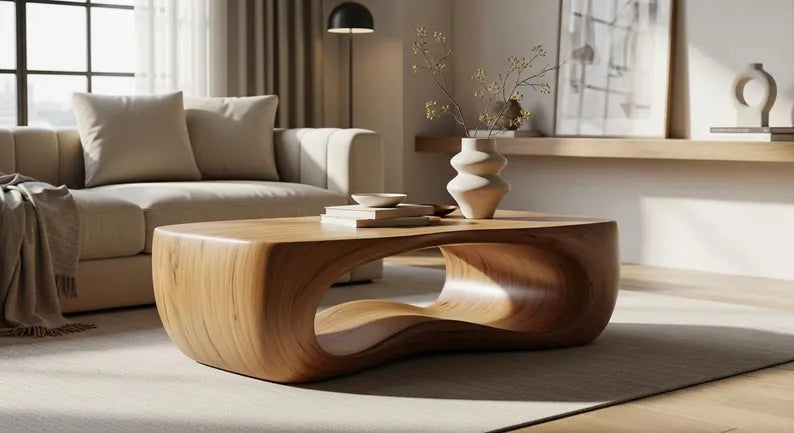 Organic Sculptural Wood Coffee Table – Wabi Sabi Solid Center Table, Japandi Natural Furniture