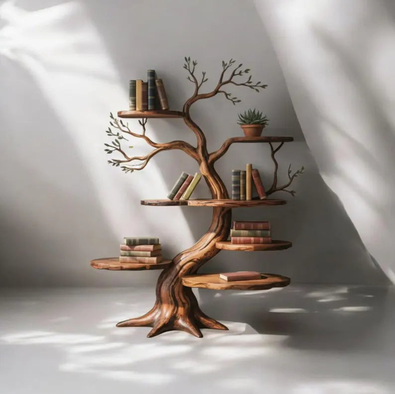Handcrafted Solid Wood Tree Bookshelf, Nature Inspired Artistic Storage, Rustic Modern Decor