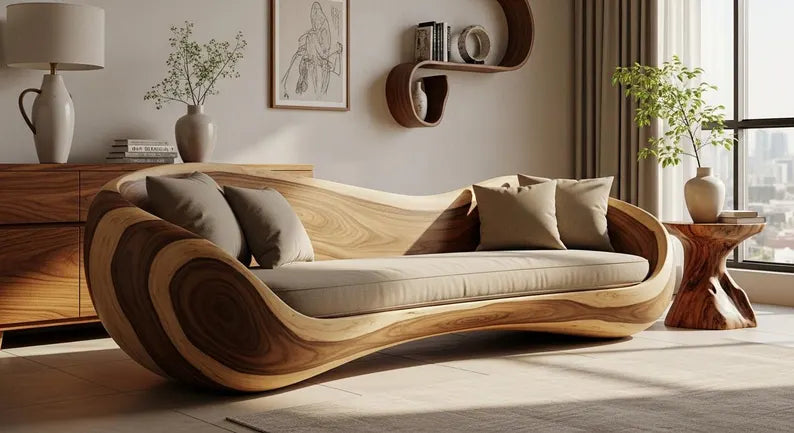 Organic Sculptural Solid Wood Sofa – Live Edge Natural Grain Statement Furniture