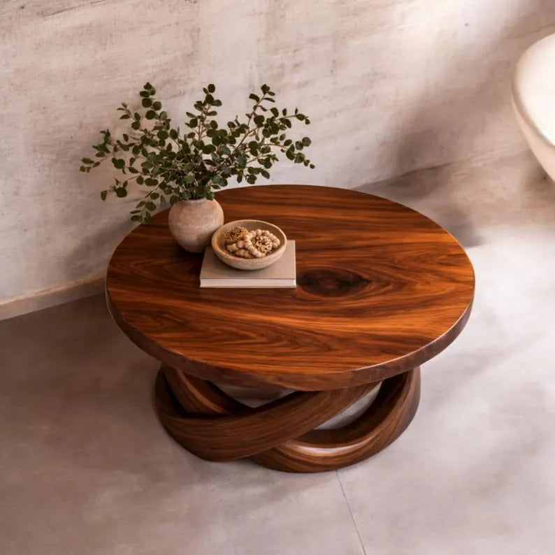 Solid Walnut Round Coffee Table – Sculptural Twist Base, Modern Rustic Furniture