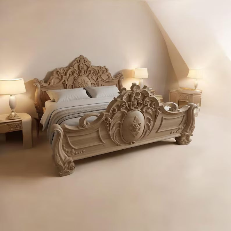 Hand-Carved Solid Wood Bed Frame | Ornate Vintage Rustic Bedroom Furniture King/Queen