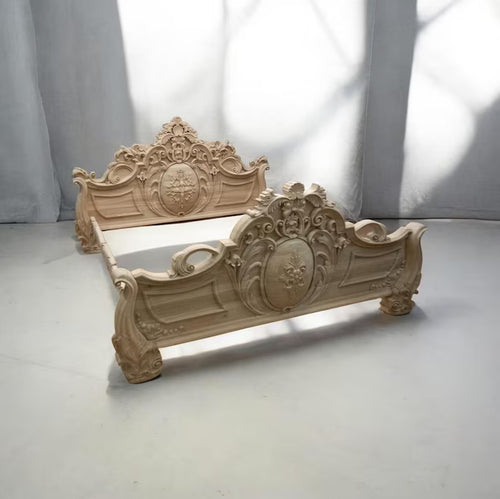 Hand-Carved Solid Wood Bed Frame | Ornate Vintage Rustic Bedroom Furniture King/Queen