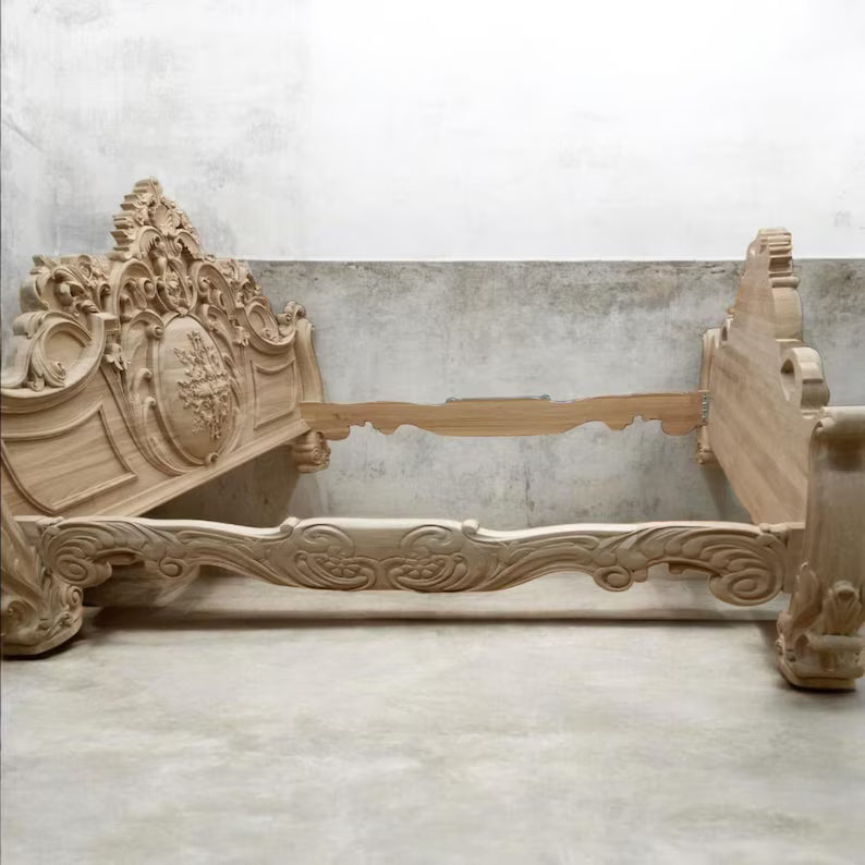 Hand-Carved Solid Wood Bed Frame | Ornate Vintage Rustic Bedroom Furniture King/Queen