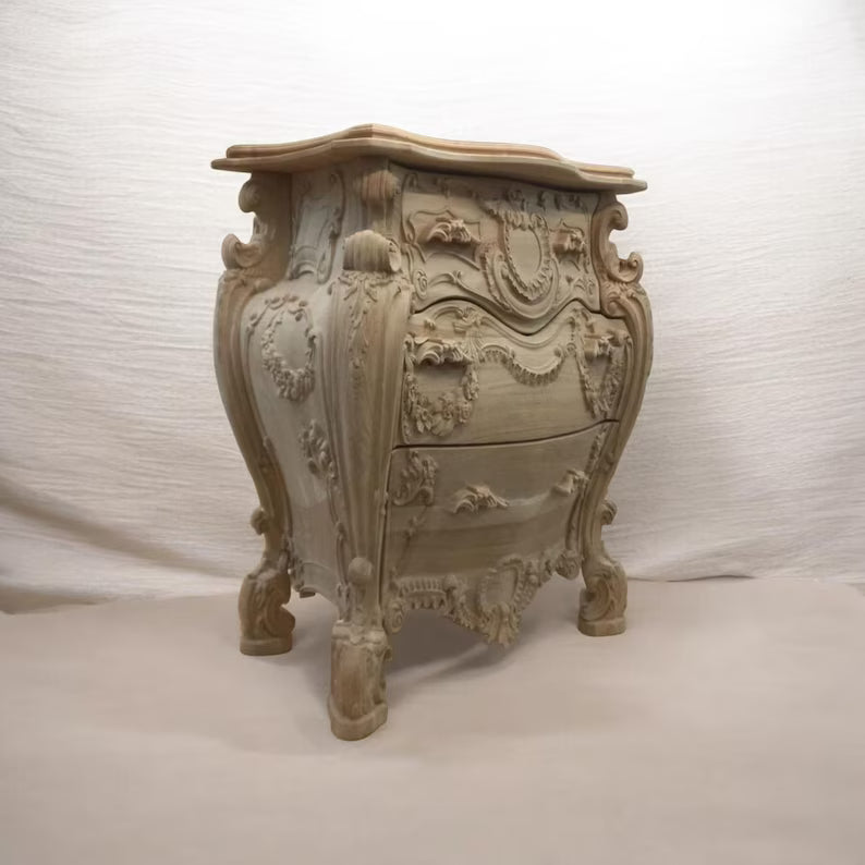 Hand-Carved Solid Wood Nightstand | Vintage French Style Bedside Table, Rustic Cabinet