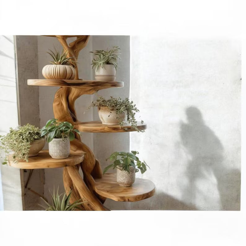 Natural Wood Tree Plant Stand | Handmade Rustic Indoor Plant Display Shelf