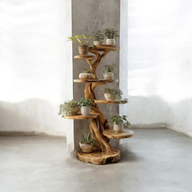 Natural Wood Tree Plant Stand | Handmade Rustic Indoor Plant Display Shelf