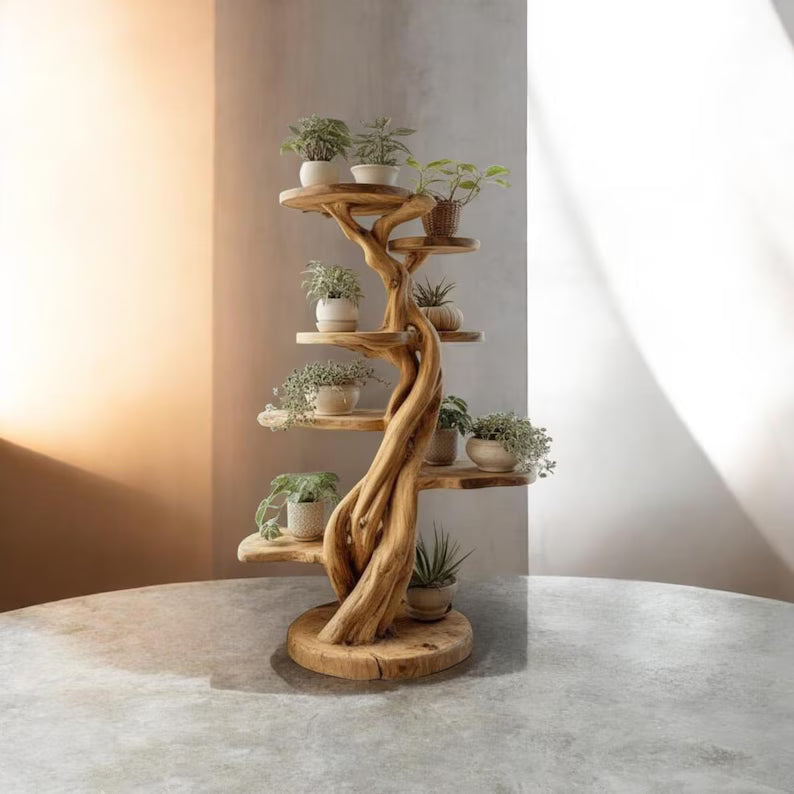 Natural Wood Tree Plant Stand | Handmade Rustic Indoor Plant Display Shelf