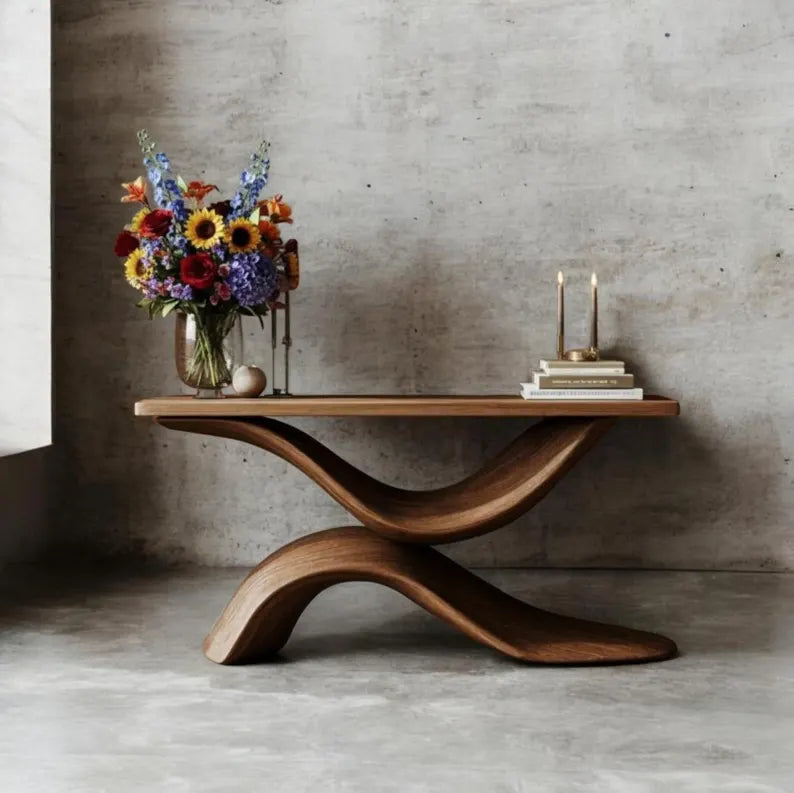 Sculptural Wood Console Table – Handmade Wave Base Entryway Hallway Furniture