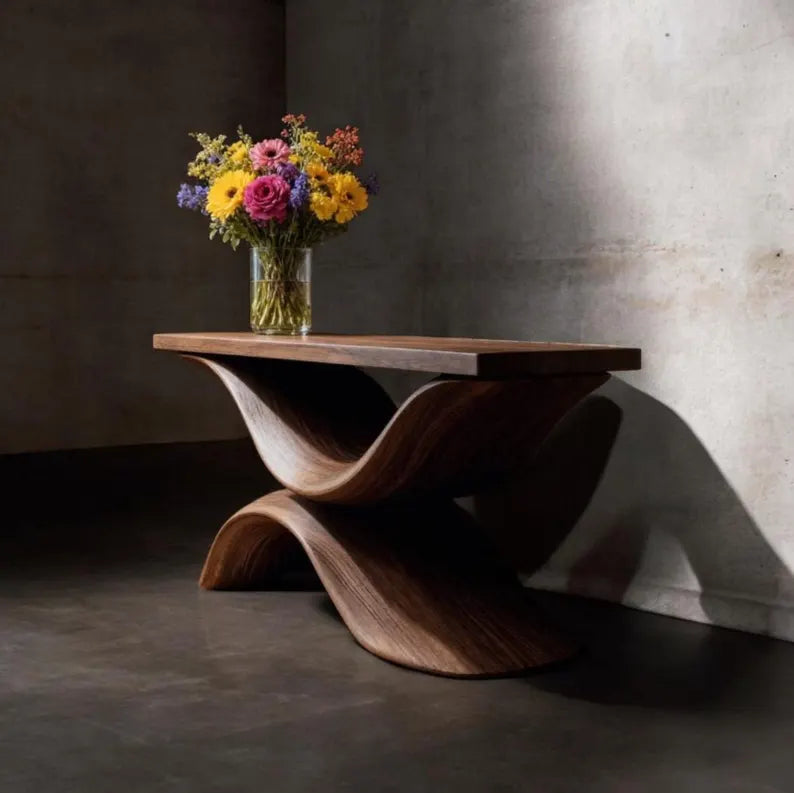 Sculptural Wood Console Table – Handmade Wave Base Entryway Hallway Furniture