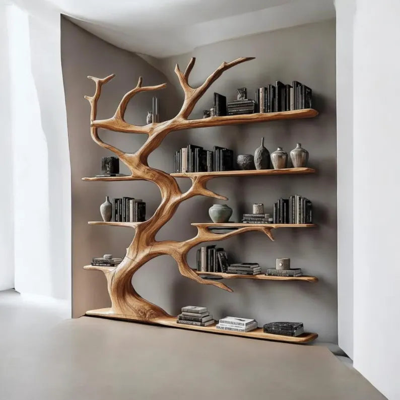 Handcrafted Solid Wood Tree Bookshelf, Live Edge Rustic Wall Storage Furniture