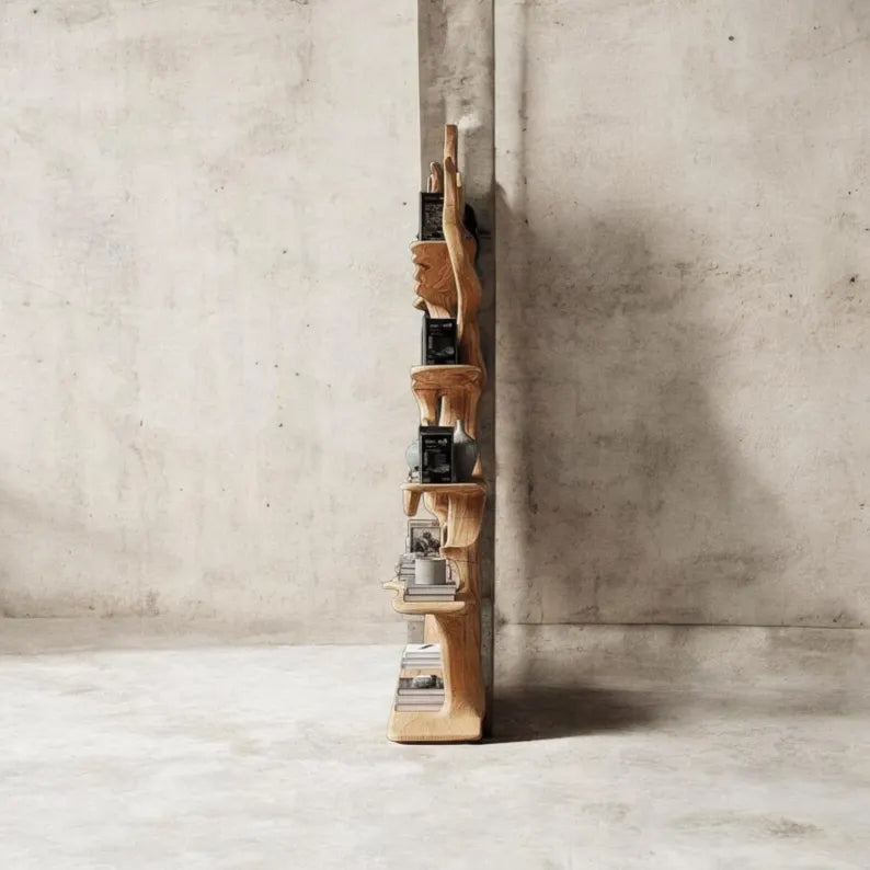 Handcrafted Solid Wood Tree Bookshelf, Live Edge Rustic Wall Storage Furniture