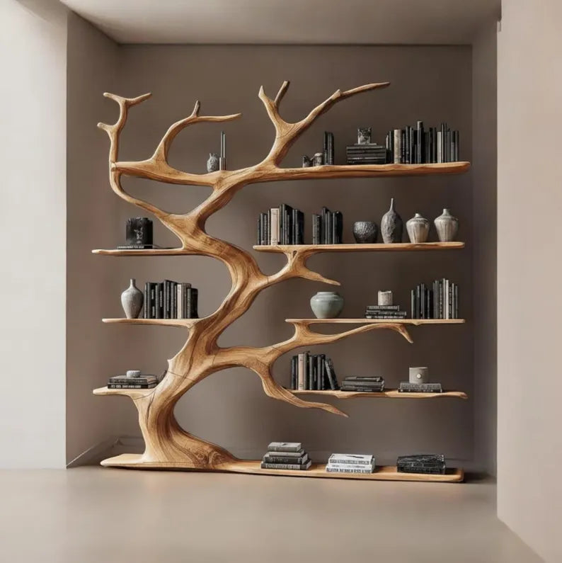 Handcrafted Solid Wood Tree Bookshelf, Live Edge Rustic Wall Storage Furniture