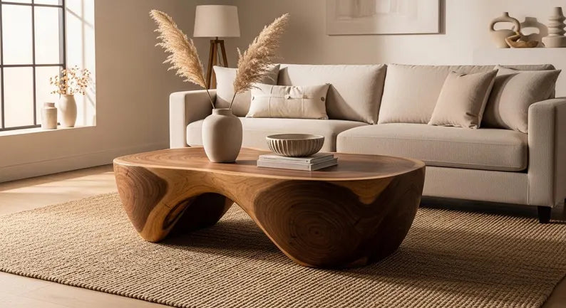 Hand Carved Solid Wood Coffee Table – Organic Sculptural Round Center Table