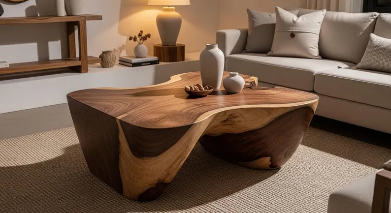 Hand Carved Solid Wood Coffee Table – Organic Sculptural Round Center Table