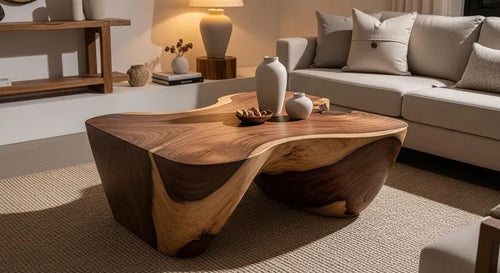 Hand Carved Solid Wood Coffee Table – Organic Sculptural Round Center Table