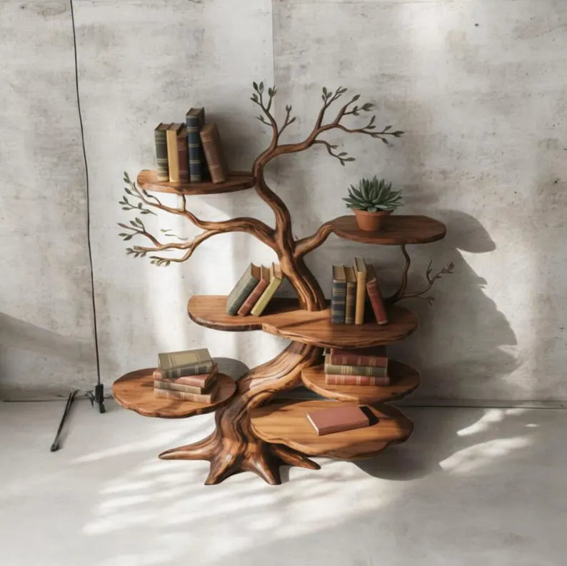 Handcrafted Solid Wood Tree Bookshelf, Nature Inspired Artistic Storage, Rustic Modern Decor