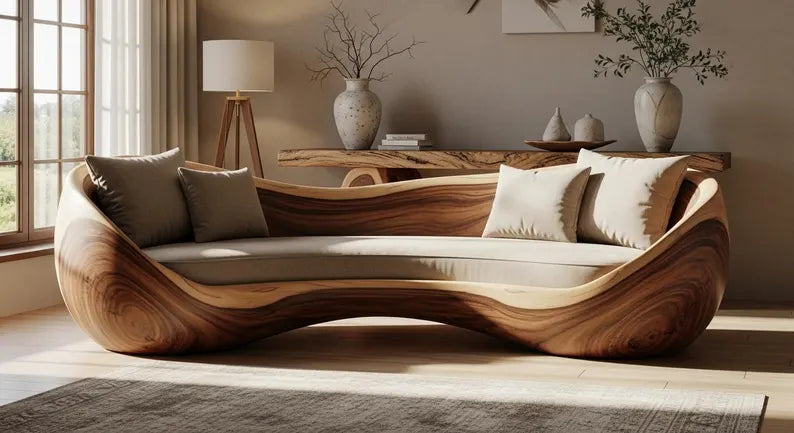 Organic Sculptural Solid Wood Sofa – Live Edge Natural Grain Statement Furniture