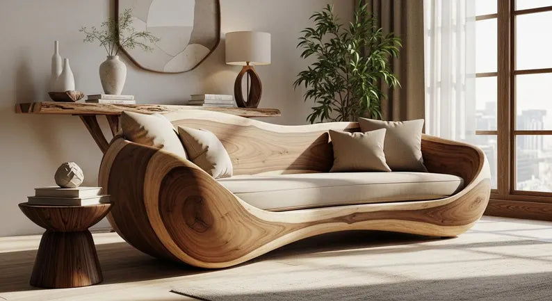 Organic Sculptural Solid Wood Sofa – Live Edge Natural Grain Statement Furniture
